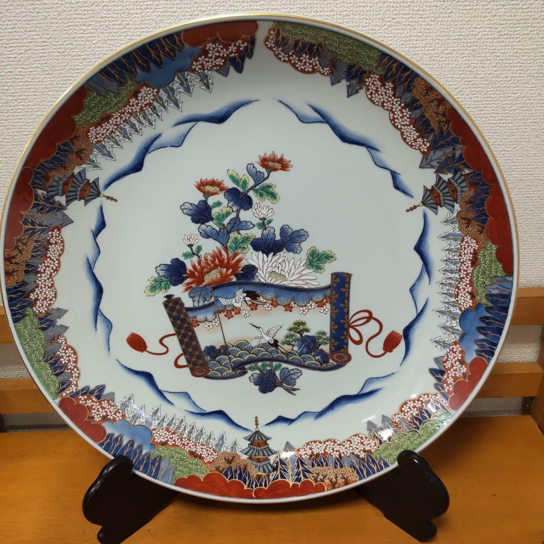 美術有田焼 飾皿 直径45cm スタンド 木箱付き 美品］美術有田焼 飾皿